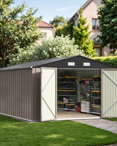 Patiowell 10x14 FT Outdoor Storage Shed, Large Metal Garden Shed with Lockable Door and Sloping Roof, Outside Steel Utility Tool Sheds for Backyard Lawn Garden Patio, Brown