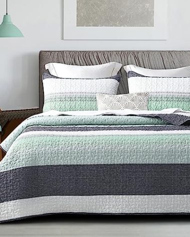 DURLENGEN Striped Quilt Set Queen Size 3Pcs, Bohemian Design with White & Mint Green & Blue & Grey Stripes, All Season Lightweight Bedspread Coverlet Sets(Queen 90x96,Mint Green)