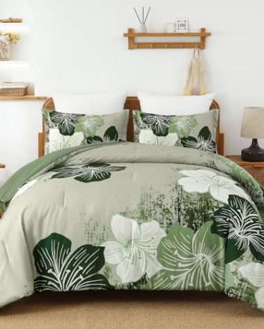 Menghomeus Floral Comforter Set Queen Ombre Green Bedding Lightweight Microfiber Bed Comforter for All Season, 3 Piece Flowers Comforter with 2 Pillowcases