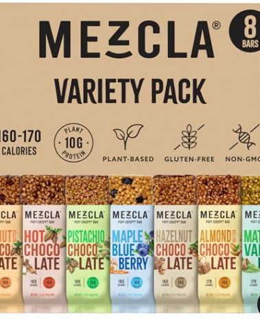 Mezcla Puff Crispy Protein Bars, Gluten Free & Vegan Protein Bars, 10g Protein, Alt for Crispy Rice Treat, Granola Bars & Breakfast Bars, Healthy Snacks for Adults, Variety Pack, 8 Count