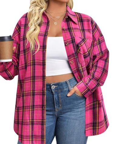 IN'VOLAND Womens Plus Size Flannel Plaid Shirts Long Sleeve Casual Collared Button Down Shirt Loose Blouse Top Pink