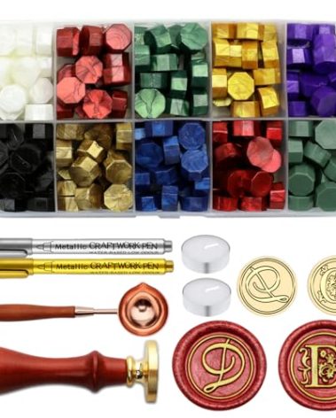 Andotopee Letter Wax Seal Stamp Kit - Initial Alphabet D Stamp Head 2pcs, Vintage Monogram Stamps Wax Seal Kit with 200pcs Assorted Sealing Beads, Spoon, Metallic Gold Silver Pens