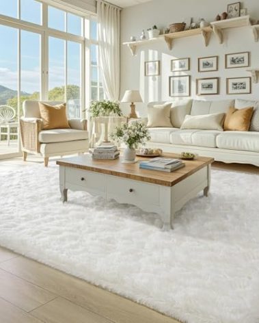 BENRON Fluffy Rugs for Living Room 5x8 Cream White, Washable Large Area Rugs for Bedroom Dining Table Office Kids Nursery Room, Washable Indoor Floor Carpets