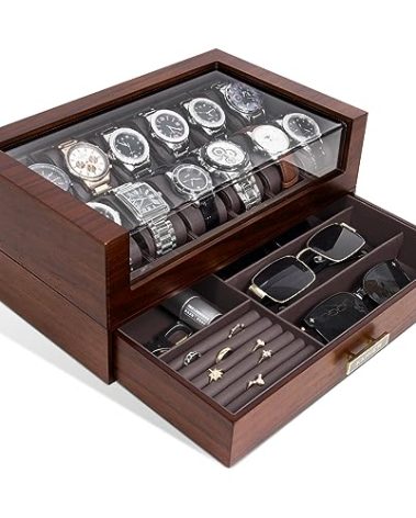High End Watch Box for Men, 12 Slot Wooden Watch Case With Drawer, Watch Display Box with Glass Lid, 2-Layer Watch Holder for Jewelry and Watch Storage for Men Women , Ideal for Gift (With Gift Box)