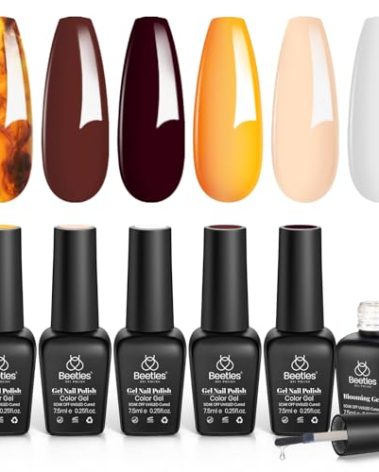Beetles Winter Gel Polish with Blooming Gel - Amber Attraction 5 Colors Brown Gel Polish White Wine Winter Color Nail Polish Set Clear Blooming Polish Soak Off Uv Nail Art Christmas Gfit Set for Women