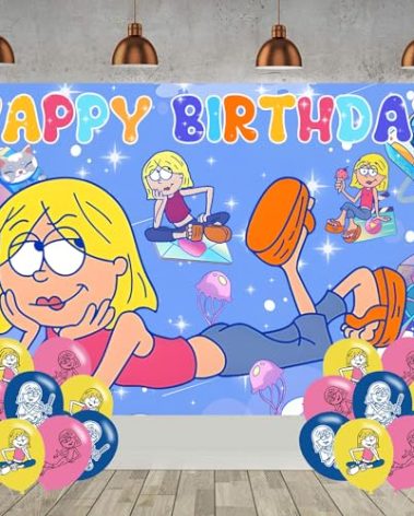 Lizzie McGuire Birthday Backdrop for Party, Cartoon Girls Happy Birthday Banner Balloons Shoot Photo Backgrounds Props for Fans Adults Photography Backdrop