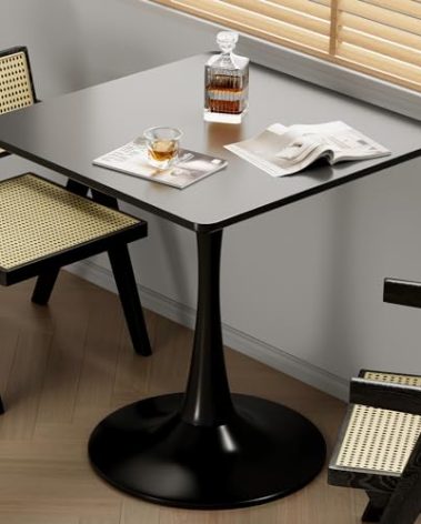 24" Black Tulip Table for Kitchen, Small Square Dining Table for 2 Person, Mid Century Modern Tables with Sturdy Metal Pedestal Base for Living Room, Cafe, Office, Pub, Bar, Bistro