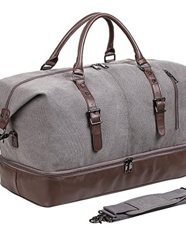 Leather Travel Bag with Shoe Pouch,Weekender Overnight Bag Waterproof PU Leather Large Carry On Bag Travel Tote Duffel Bag for Men or Women-Grey