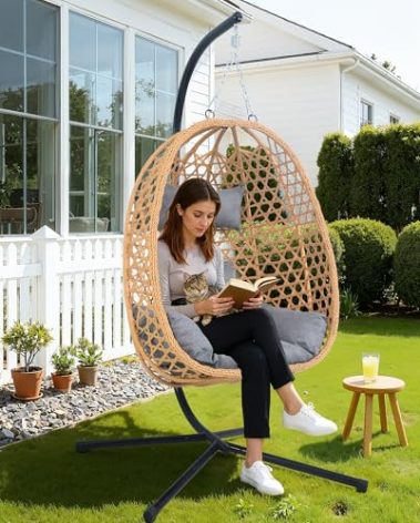 EortheX Hanging Egg Chair with Cushions – Comfortable Rattan Swing Chair with Stand for Patio, Garden, or Balcony – Stylish and Relaxing Outdoor Lounge Chair, 350LBS Capacity Indoor Outdoor