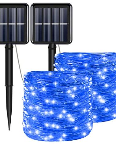 YAOZHOU Solar Christmas String Lights Blue Outdoor Waterproof 100 LED（2 Pack） 8 Modes Copper String Lights Fairy Lights for Valentine's Day Garden, Patio, Fence, Balcony, Outdoors