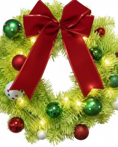 Suncalla 20 Inch Red and Green Christmas Front Door Wreath Decorations with Red Ribbon Bows Lime Green Christmas Wreath Dots Ornaments Whimsical Xmas Movie Gift for Window Wall Fireplace Mantel Porch