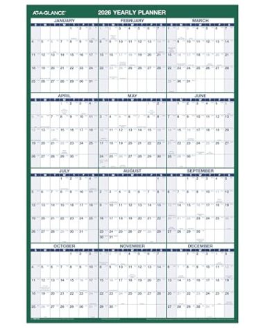 AT-A-GLANCE 2026 Erasable Calendar, Dry Erase Wall Planner, 24" x 36", Large, Vertical, Reversible (PM2102826)
