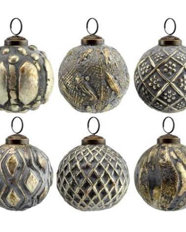 AuldHome Design Farmhouse Ball Ornaments (Set of 6, Antique Gold); Distressed Metal Glass Ball Vintage Style Christmas Decorations