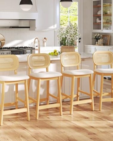 ROCITY Rattan Counter Stools Set of 4 Farmhouse Wooden Bar Stools Beige Linen Fabric Bar Chairs 26 Inch Kitchen Island Chairs with Curved Back