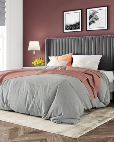 Allewie Queen Size Velvet Bed Frame/Vertical Channel Tufted Wingback Headboard/Upholstered Platform Bed/Strong Wooden Slats/No Box Spring Needed/Easy Assembly/Grey