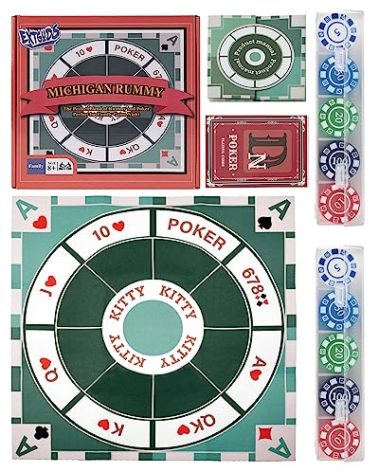 Extguds Michigan Rummy Deluxe Board Game Set: Felt Game Mat + 2Boxes of Playing Chips (200 Pieces)+1Deck of Poker+1Game Manual.The Perfect Blend of Rummy and Poker, Perfect for Family Game Night