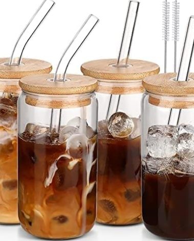 DWTS DANWEITESI Glass Cups with Lids and Straws 4 pcs,16oz Drinking Glasses Set for Coffee Bar Accessories,Iced Coffee Cups with Lids,Matcha Cup Glass Tumbler Reusable for Gifts