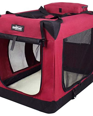 EliteField 3-Door Folding Soft Dog Crate with Carrying Bag and Fleece Bed (2 Year Warranty), Indoor & Outdoor Pet Home (42" L x 28" W x 32" H, Maroon)