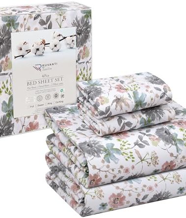 RUVANTI 100% Cotton Sheets Queen Size Set, 4 Pieces, Soft & Breathable Percale Weave Bedding, Deep Pocket 16", Hotel Standard, Crisp Cool Feeling, Durable, Perfect Floral Bed Sheet, Dandelion Field