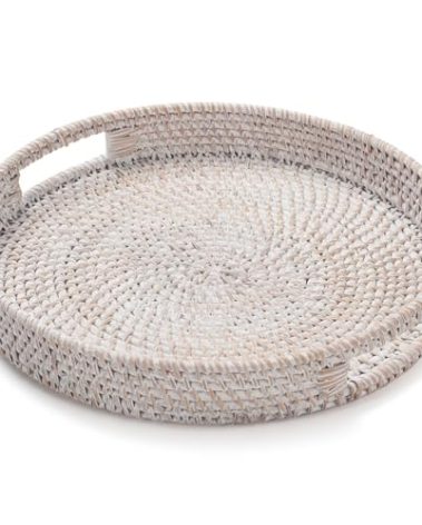 11.8 inch Round Rattan Tray, Decorative Coffee Table Trays, Ottoman Tray, Woven Serving Tray with Handles, Wicker Serving Basket, Whitewash