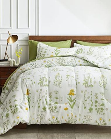 Joyreap 7 Piece Botanical Bed in a Bag Queen, Green Leaves Yellow Flower on Green Tint, Smooth Soft Microfiber Comforter Sheet Set for All Season