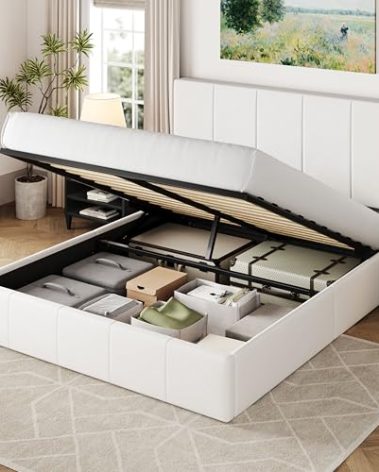 Allewie Full Size Velvet Lift Up Storage Bed Frame, Vertical Channel Tufted Headboard, Hydrualic Underneath Storage, Upholstered Platform Bed, Wooden Slats Support, No Box Spring Needed, White