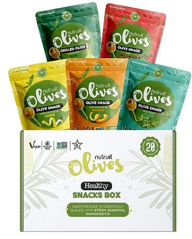 Nutruit Olives Snacks - Pitted Olives (Variety Box) - Fresh Harvest Aegean Green Olives - Vegan, Non-GMO, Gluten Free, Kosher, Paleo, Sugar Free - Premium Packs with Wooden Stick - 1.2oz (Pack of 20)