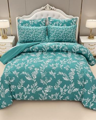 lasoftan 7 Piece Woven Texture Comforter Set, Bed in A Bag Bedding Sets with Comforter and Sheets, Soft Lightweight Comforter Set with Deocor Throw Pillow, Queen,Botanic Reverie