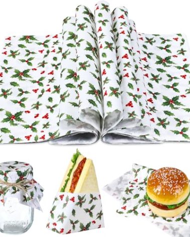 Marspark 100 Sheets Christmas Holly Leaf Wax Paper for Food Wrapping 11.4 x 11 Inches Food Basket Wax Paper for Sandwich Burgers Greaseproof Wrapping for Christmas Party Candy Cookies