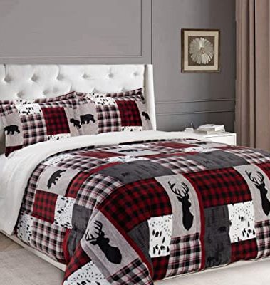 Elegant Comfort 3-Piece Winter Lodge-Patch Sherpa Comforter Soft, Cozy and Durable Quality, Heavy Weight Reversible Down Alternative Micro-Suede, Patch Sherpa Comforter, Queen