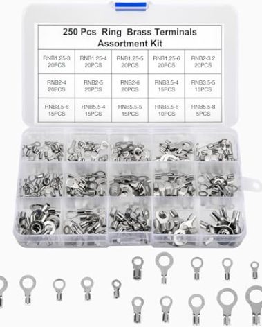KOXXIAMOQ 250pcs Non-Insulated Ring Terminals, Copper Ring Connectors Terminals, AWG22-16 16-14 14-12 12-10 Crimp End Electric Wire Connector, Tin-Plated Wire Lugs Battery