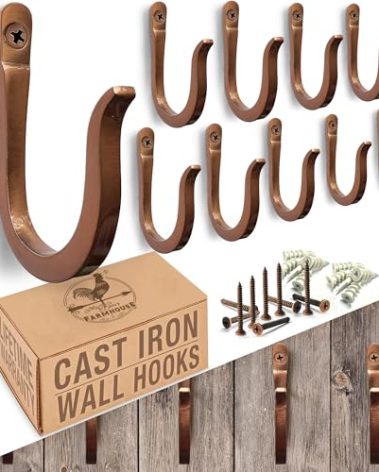 Antique Copper Railroad Spike Cast Iron Hooks (10 Pack) Handmade Blacksmith, Wall Mounted Decorative Hooks, PowderCoated for Interior or Exterior Use, Rust Proof for Hanging Coats, Bags or Pots