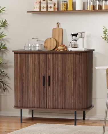 LuxenHome Sideboard Buffet Cabinet with Storage, 35" Walnut Mid Century Modern Accent Cabinet, Sliding Door Entryway Small Storage Cabinets for Kitchen, Living Room, Entryway