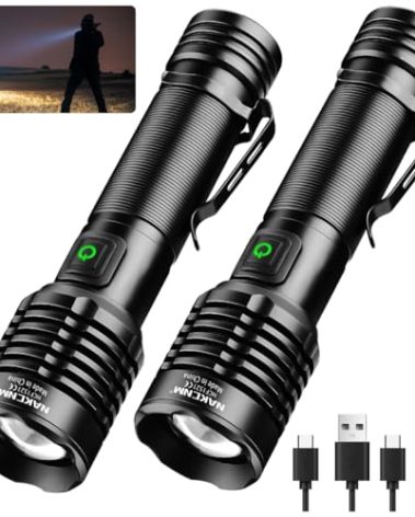NAKCNM Rechargeable Flashlight High Lumens 2000, 5 Modes Small Powerful Super Bright Flashlights LED Strong Pocket Flash Light USB C with Clip for Home,Camping(2 Pack)