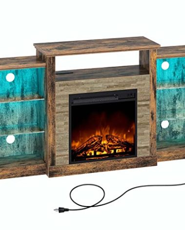 Rolanstar Fireplace TV Stand with Led Lights and Power Outlets, TV Console for 32" 43" 50" 55" 65", Entertainment Center with Adjustable Glass Shelves, Rustic Brown