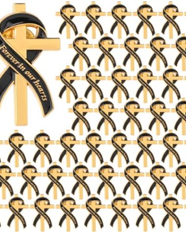 Misdary 25 Pcs Funeral Favors Pins Bulk Christian Cross Ribbon Pin Forever in Our Hearts Lapel Pin Mourning Gift(Gold,Ribbon)