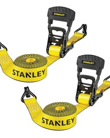 STANLEY S1007 Black/Yellow 1.5" x 16' Ratchet Tie Down Straps - 1,100 lb Safe Working Load / 3,300 lb Break Strength, 2 Pack