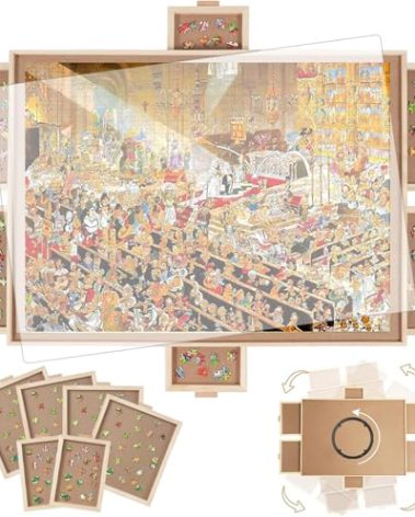 BuilderButler 1000 Pieces Rotating Puzzle Board with 6 Drawers,30.16"x22.44" Portable Wooden Jigsaw Puzzle Table with Lazy Susan Spinning Cover