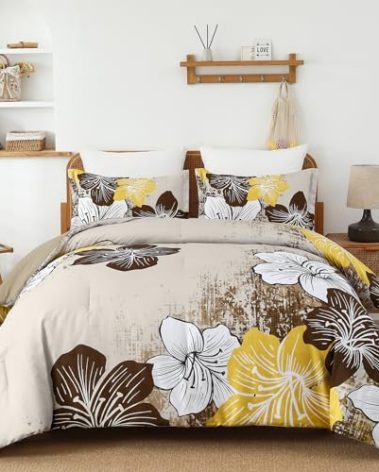 Menghomeus Brown Floral Comforter Set Queen Ombre Brown Bedding Lightweight Microfiber Bed Comforter for All Season, 3 Piece Flowers Comforter with 2 Pillowcases