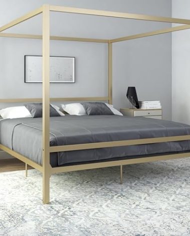 DHP Modern Metal Canopy Platform Bed with Minimalist Headboard and Four Poster Design, Underbed Storage Space, No Box Spring Needed, King, Gold
