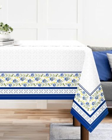 Arquiel Blue White Tablecloth Waterproof, French Country Bordered Rectangle Table Cloth, Washable Table Cover for Kitchen Dining Party Decor (60×84 Inch)