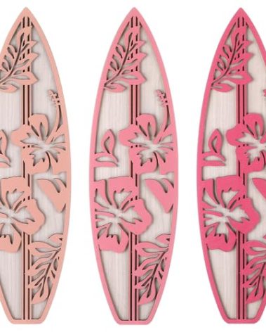 RattanView 3 Pieces Surfboard Decor for Bedroom Wooden Beach Wall Decor Summer Wood Surfboard Wall Hanging Sign for Tropical Living Room Decoration(Hibiscus,Pink)