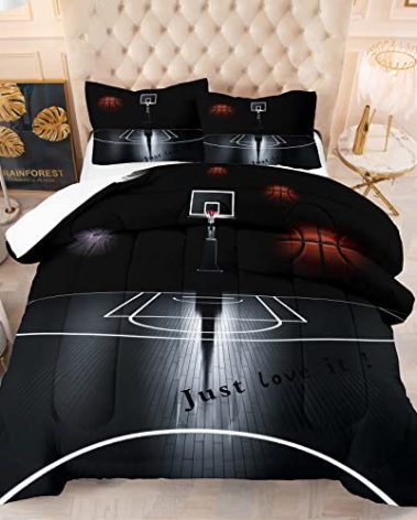 Tailor Shop Sports Basketball Comforter Set for Boys Teens Men Black Basketball Court Comforter Basketball Quilt Bedding Set Soft Lightweight Microfiber Full Size with 1 Comforter 2 Pillowcases…