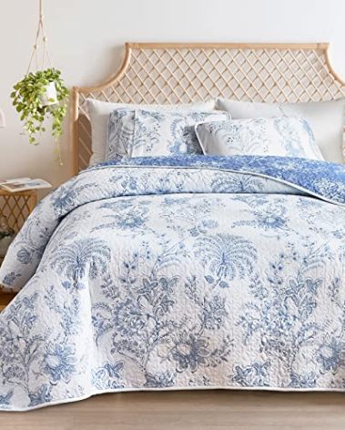 Flysheep Reversible Quilt Set Full Queen Size, 3 Pieces White Blue Botanical Floral Printed Summer Bedding Set, Soft Microfiber Lightweight Bedspread/Coverlet for All Season - 92"x90"