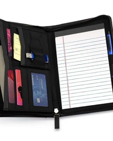 Lcjtop Junior Business Padfolio - A5 PU Leather Portfolio Binder & Zippered Binder Folder with 5 x 8 Writing Pad and Interior Storage Pocket Executive Business Organizer for Men Women,Black
