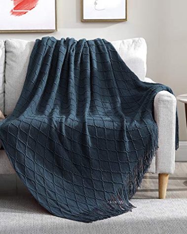 Walensee Throw Blanket for Couch, 50 x 60 Navy, Acrylic Knit Woven Summer Blanket, Lightweight Decorative Soft Nap Throw with Tassel for Chair Bed Sofa Travel Picnic, Suitable for All Seasons