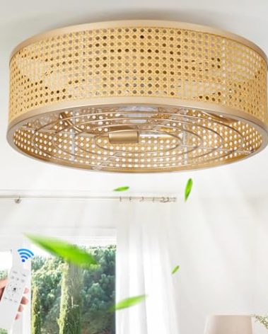 ainqiant Boho Caged Ceiling Fan with Light, 20'' Rattan Flush Mount Ceiling Fan with Light and Remote Control for Bedroom Kitchen Living Room
