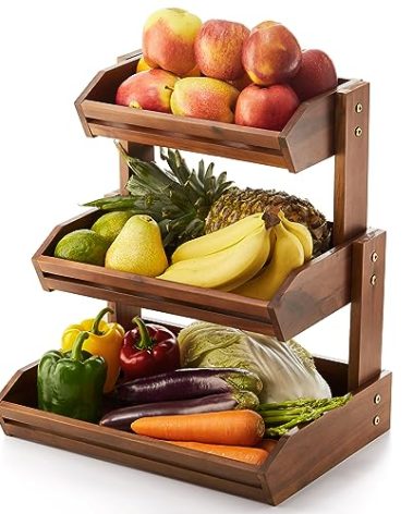 HOLANA Acacia 3 Tier Fruit Basket for Counter – Wooden Fruit Bowl for Kitchen Counter Organizer & Produce Storage Wooden Basket, Snack Organizer for Countertop, Kitchen Counter Storage (Acacia)