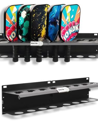 PRAMOON Pickleball Paddle Rack, 8-Paddle Holder, Multiple Racks are Spliced to Achieve Expansion, with Label to Track Next Up Players, Fence or Wall Mount, Steel, Black (2)