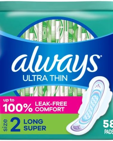 Always Ultra Thin Pads with Wings, Size 2, Long Super, 58 Count